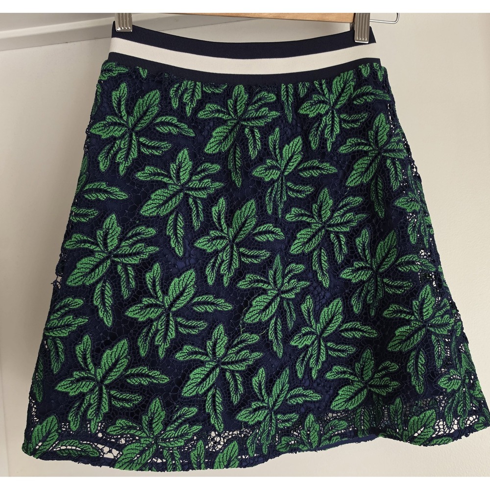 Chloe Oliver Anthropologie Mini Skirt Blue Green Leaf Lace Boho A-line